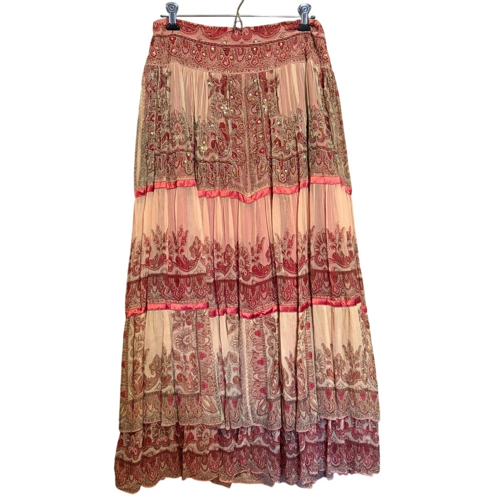 VTG Rene Derhy Maxi Skirt Large Pink Paisley Sequin Beaded Tiered Boho Festival
